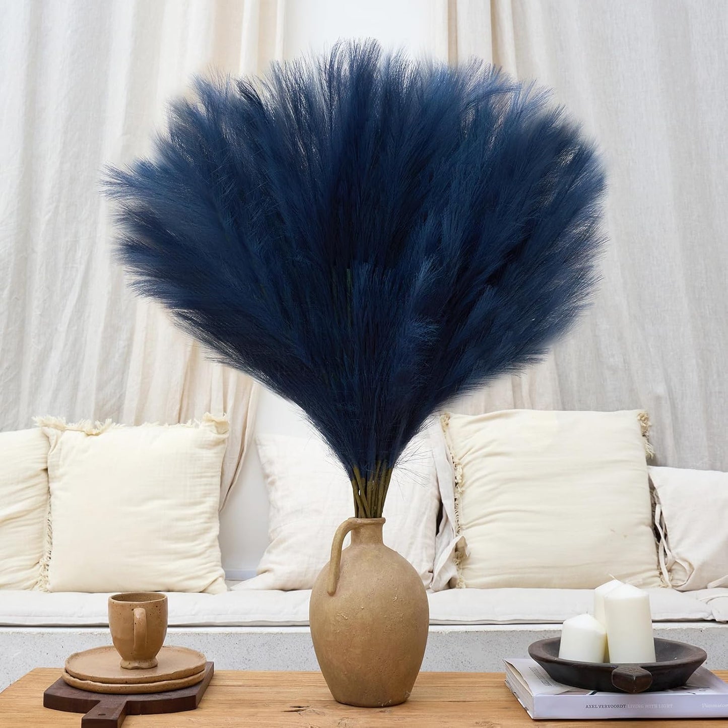 10 Pcs 39''/3.2FT Faux Pampas Grass Decor, Large Tall Fluffy Artificial Fake Flower, Bedroom Decor Boho Decor Pompas Floral for Vase Filler Farmhouse Home Wedding Decor (Blue)