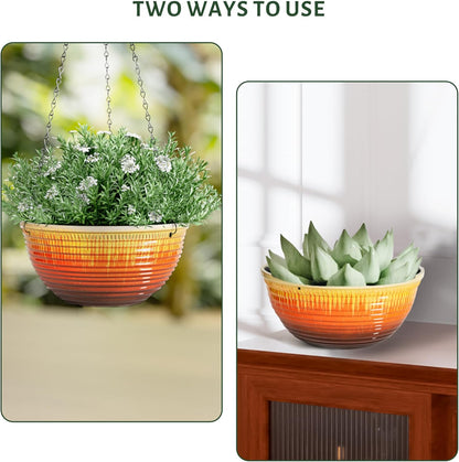 12 inch Large Hanging Planters for Indoor Outdoor Plants, Set of 2 Glazed Hanging Flower Pots with Drainage Hole, Hanging Baskets for Garden Home Porch Decor