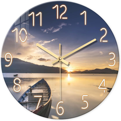 Beach Wall Clock Battery Operated 12 Inch Glass Wall Clock Non Ticking Analog Blue Wall Clocks for Bedroom Living Room Office Decor