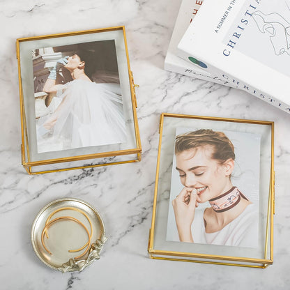Gold Floating Picture Frame Set of 2, 10"x12" Glass Pressed Flower Picture Frames, Tabletop Standing Glass Floating Frame for 8x10 Photo Display