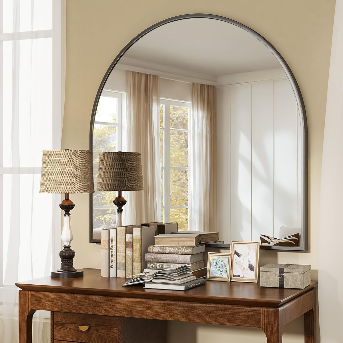 VooBang Arched Wall Mirror, 24 x 36 inch Arch Bathroom Mirror, Wall Mounted Vanity Mirror with Arch Metal Frame, Modern Bathroom Vanity Mirror for Bedroom, Living Room, Hanging or Leaning, Black