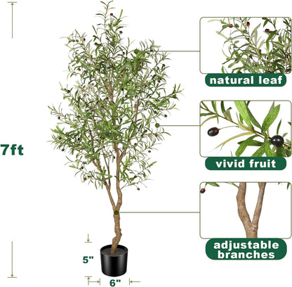 FEELEAD 7ft Faux Olive Tree - Fake Potted Olive Silk Tree with Planter Natural Olive Branches and Realistic Leaves Artificial Tree for Home House Office Decor Indoor