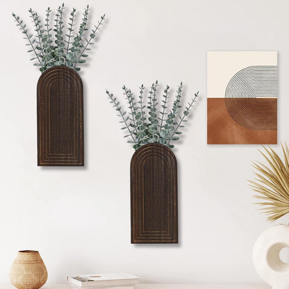 Dnnnii 2 Pack Wooden Wall Vase Set - Brown Finish Modern Farmhouse & Boho Wall Decor for Entryway, Hallway, Bathroom, Living Room, Dining Room, Narrow Spaces