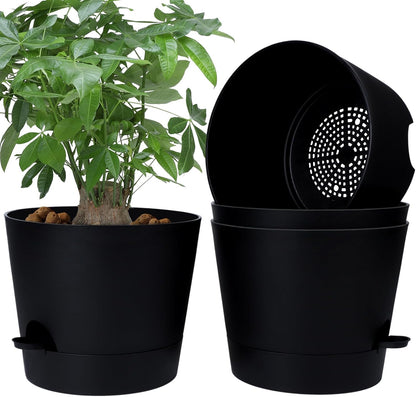 YNNICO Indoor Self Watering Planters with Drainage Holes and Saucers, 8, 7, 6.5, 6, 5.5, 5 Inches, Black, 6 Pots