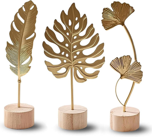 Gold Leaf Home Decor Set – Metal Leaf Tabletop Ornament with Wood Base, 3 Designs (Monstera, Ginkgo, Feather) for Desk, Shelf, Living Room