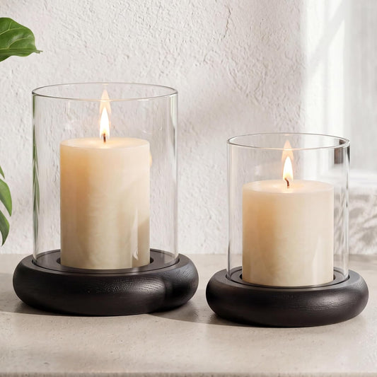 Set of 2 Black Hurricane Candle Holders with Wood Base, Modern Windproof Glass Cylinder Lantern, Farmhouse Pillar Candle Holder Decor for Table Centerpieces, Living Room, Patio & Kitchen Dining