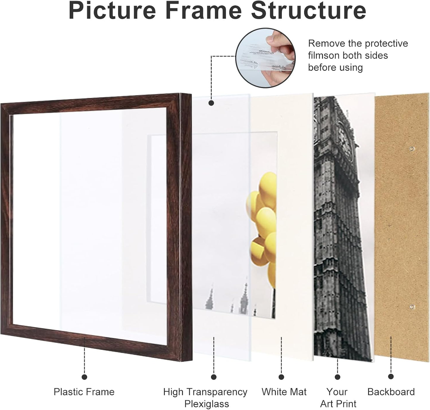 12x12 Picture Frame Set of 9, Display Pictures 8x8 with Mat or 12x12 without Mat, Multi Collage Gallery Square Photo Frames for Wall or Tabletop, Black
