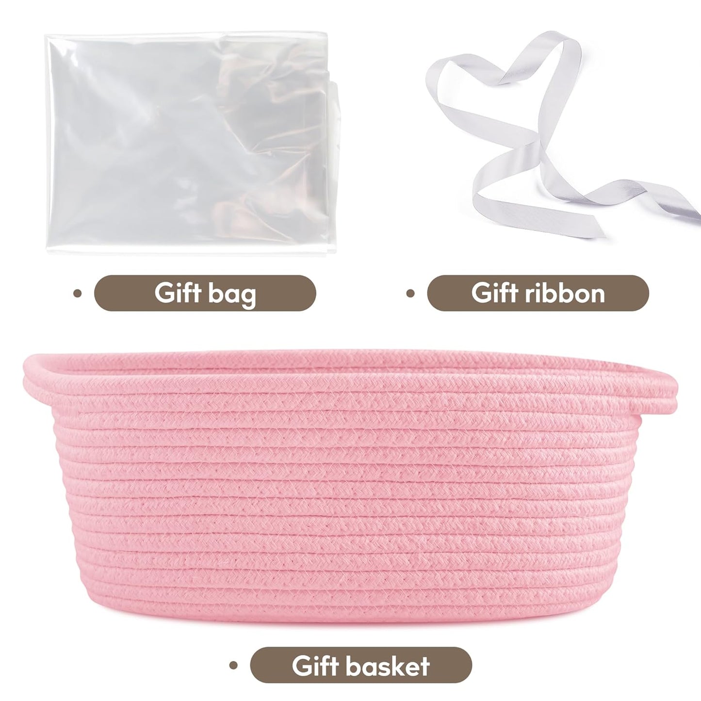 Pro Goleem Small Woven Basket with Gift Bags and Ribbons Durable Baskets for Mothers Day Gifts Empty Small Rope Basket for Storage 12"X 8" X 5" Baby Toy Baskets with Handles, White