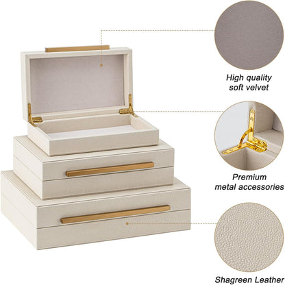 XIGEXIGE Set of 3 Beige Shagreen Decorative Storage Boxes with Black Metal Handles –Faux Leather Large Modern Stackable Nesting Jewelry Box with Lids Organizer
