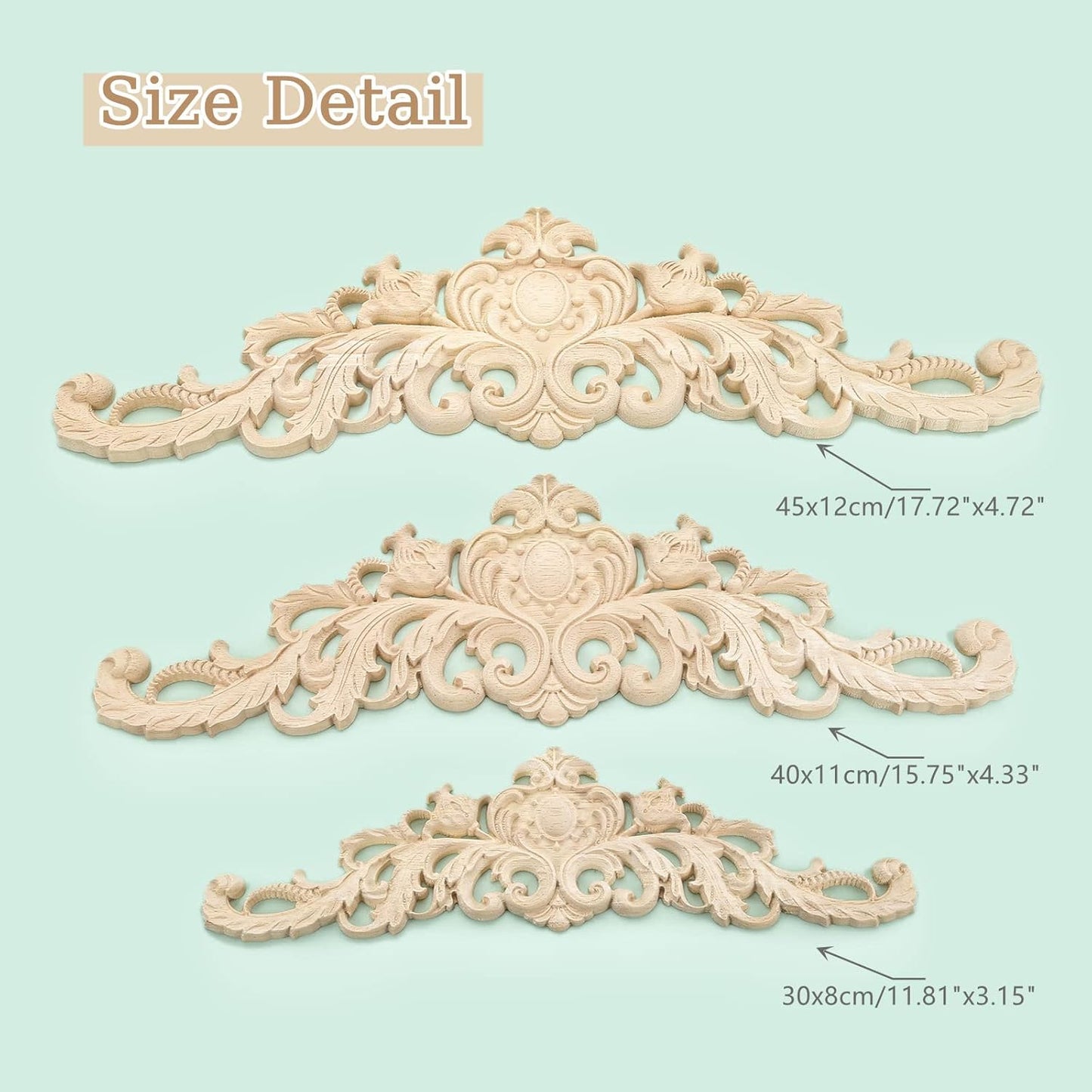 MUXSAM Long Wood Carved Appliques Onlays, 1-Pack Unpainted Decorative Corner Carving Decals Set for Wall Door Cabinet Mirror Closet Wardrobe Dresser Mantel Staircase DIY Project, 30x8cm/11.81"x3.15"