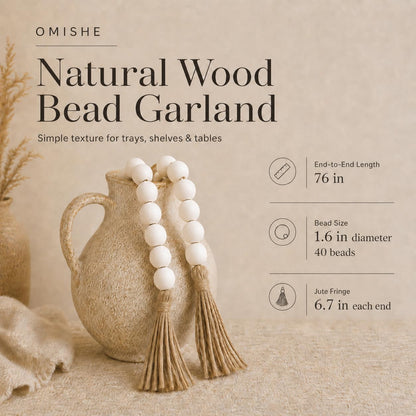 OMISHE Extra Large Wood Bead Garland with 1.6" Diameter Wooden Beads and Tassels, 41" Long Rustic Farmhouse Country Decorative Beads for Home Tiered Tray Decor, Natural Beige