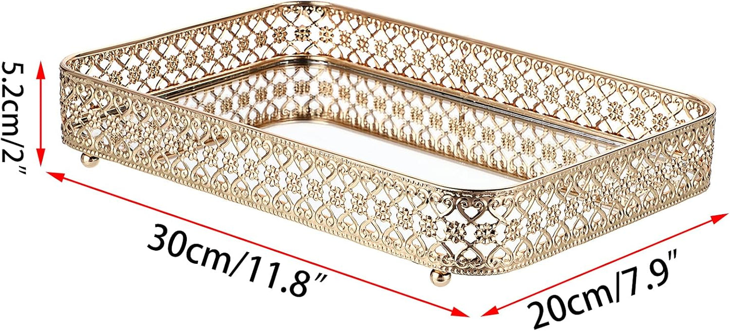 ELLDOO Perfume & Makeup Vanity Tray - Hollow-Carved Jewelry Storage, Glass & Metal Trinket Organizer for Dresser & Bathroom Countertop, Gold, Medium Size