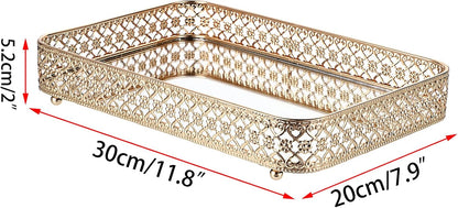ELLDOO Perfume & Makeup Vanity Tray - Hollow-Carved Jewelry Storage, Glass & Metal Trinket Organizer for Dresser & Bathroom Countertop, Gold, Medium Size
