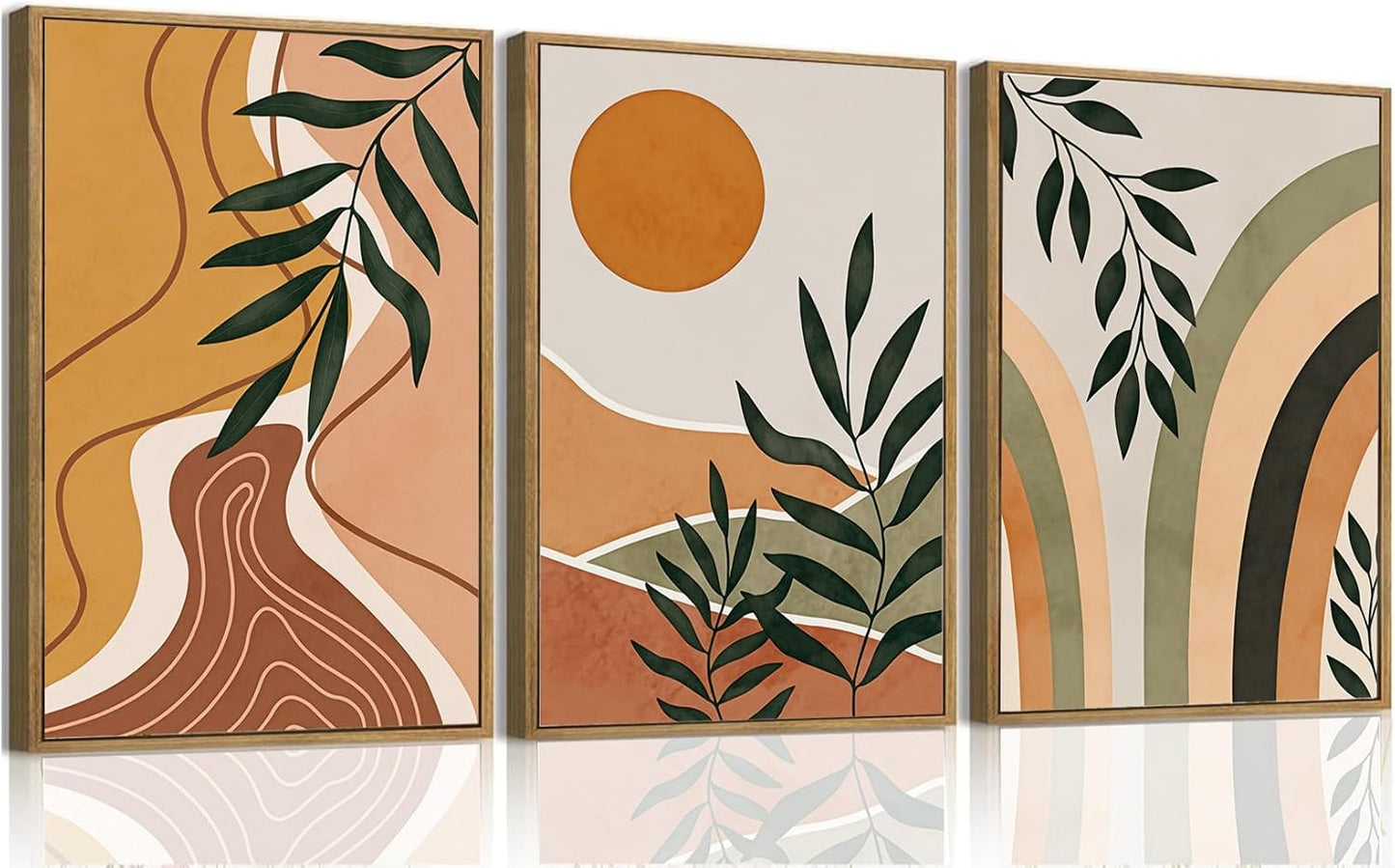Bwodke Boho Wall Art, Framed Abstract Wall Art, Green Botanical Neutral Canvas Wall Decor, Large Mid Century Plant Pictures Set of 3, Modern Minimalist Paintings, for Bedroom Living Room Bathroom