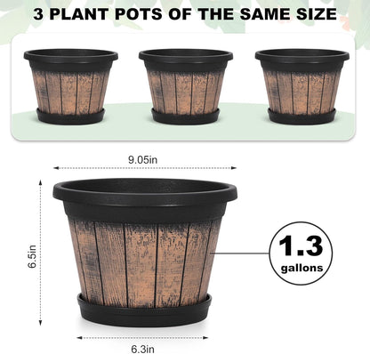 Quarut 3 Pack 10 inch Plant Pots,Whiskey Barrel Planters with Drainage Holes & Saucer, Plastic Decoration Flower Pots Imitation Wine Barrel Design, for Indoor & Outdoor Garden Home Plants (Brown)