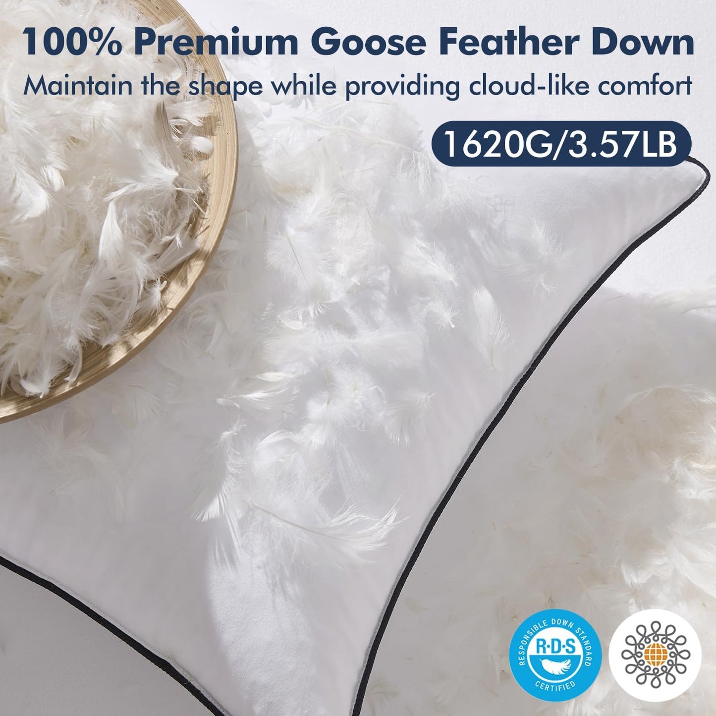 MIULEE Goose Feather Down 20x20 Pillow Insert Set of 2 with 100% Down-Proof Cotton Cover, Soft Fluffy Decorative Pillow for Sofa Bed Couch Living Room White