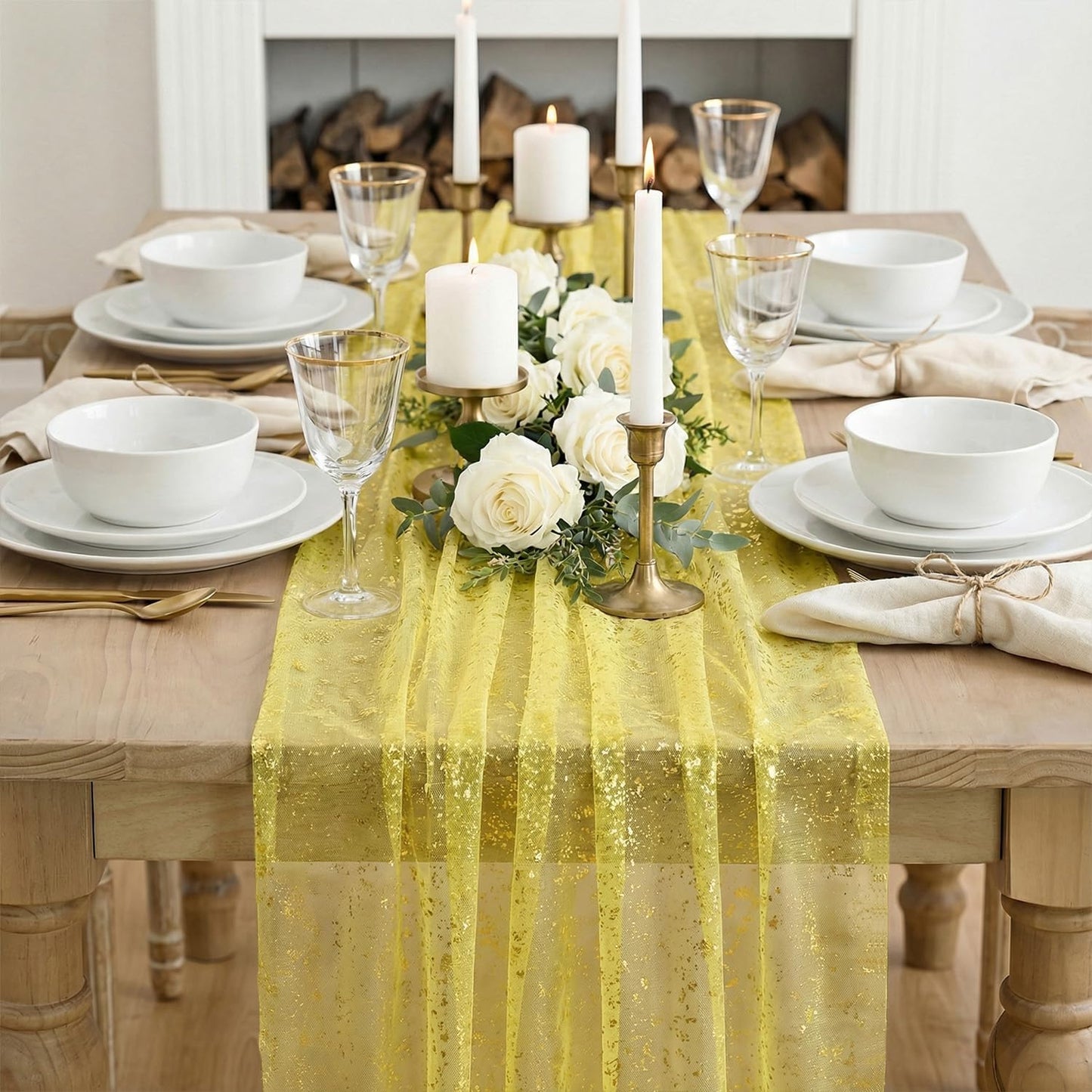 Artoid Mode Beige Gold Gauze Table Runner 120 Inch 10FT, Glitter Metallic Foil Sheer Dining Wedding Anniversary Holiday Birthday Table Decor for Home Party