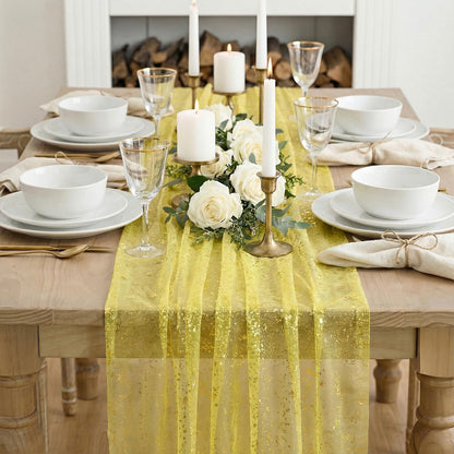 Artoid Mode Beige Gold Gauze Table Runner 120 Inch 10FT, Glitter Metallic Foil Sheer Dining Wedding Anniversary Holiday Birthday Table Decor for Home Party