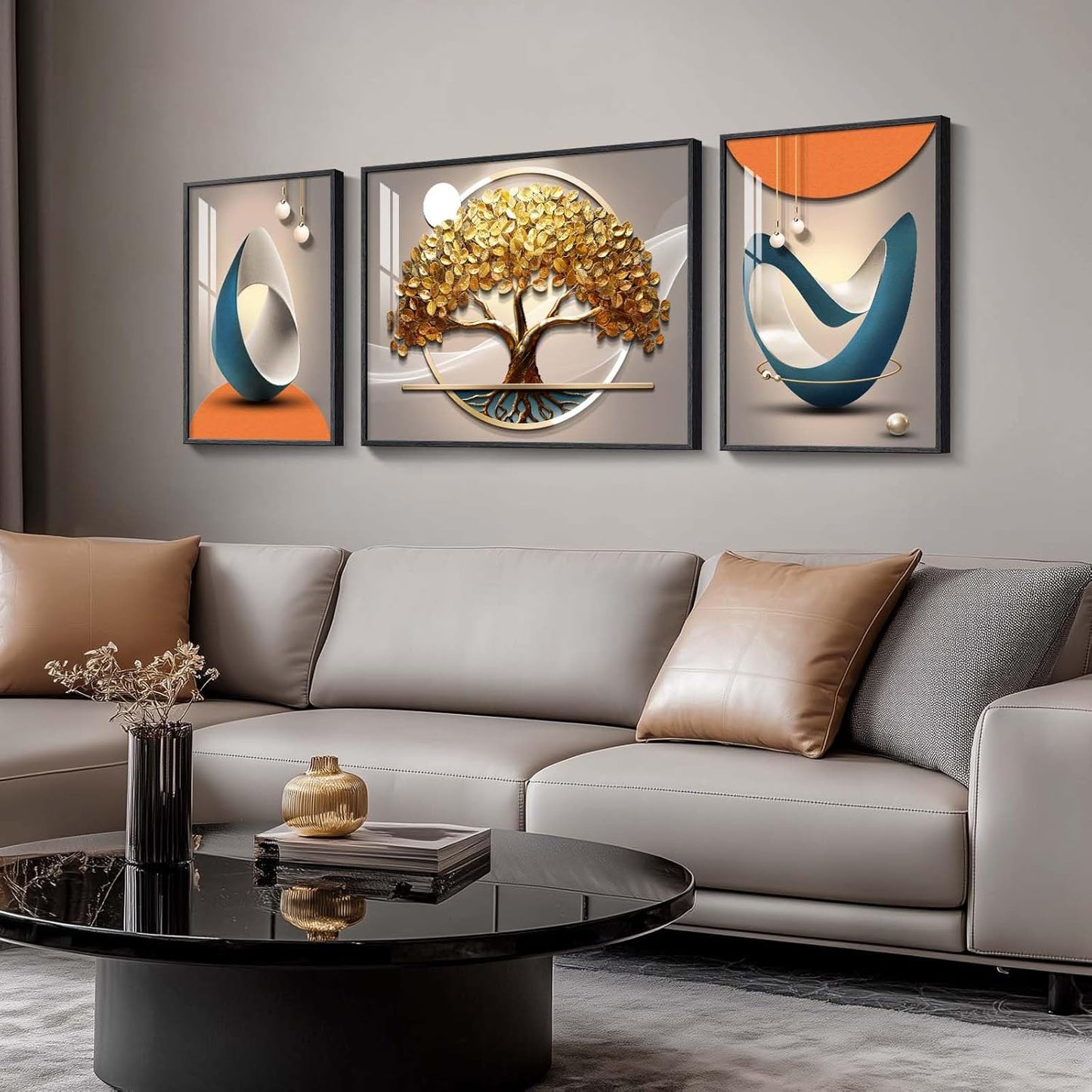 Framed Modern Luxury Gold Wall Art, Set of 3 Piece Contemporary Paintings Artwork for Walls, Golden Prints Pictures with Gold Frame, Wall Decor for Living Room, Hallway, Bedroom, Office 16x24 Inch