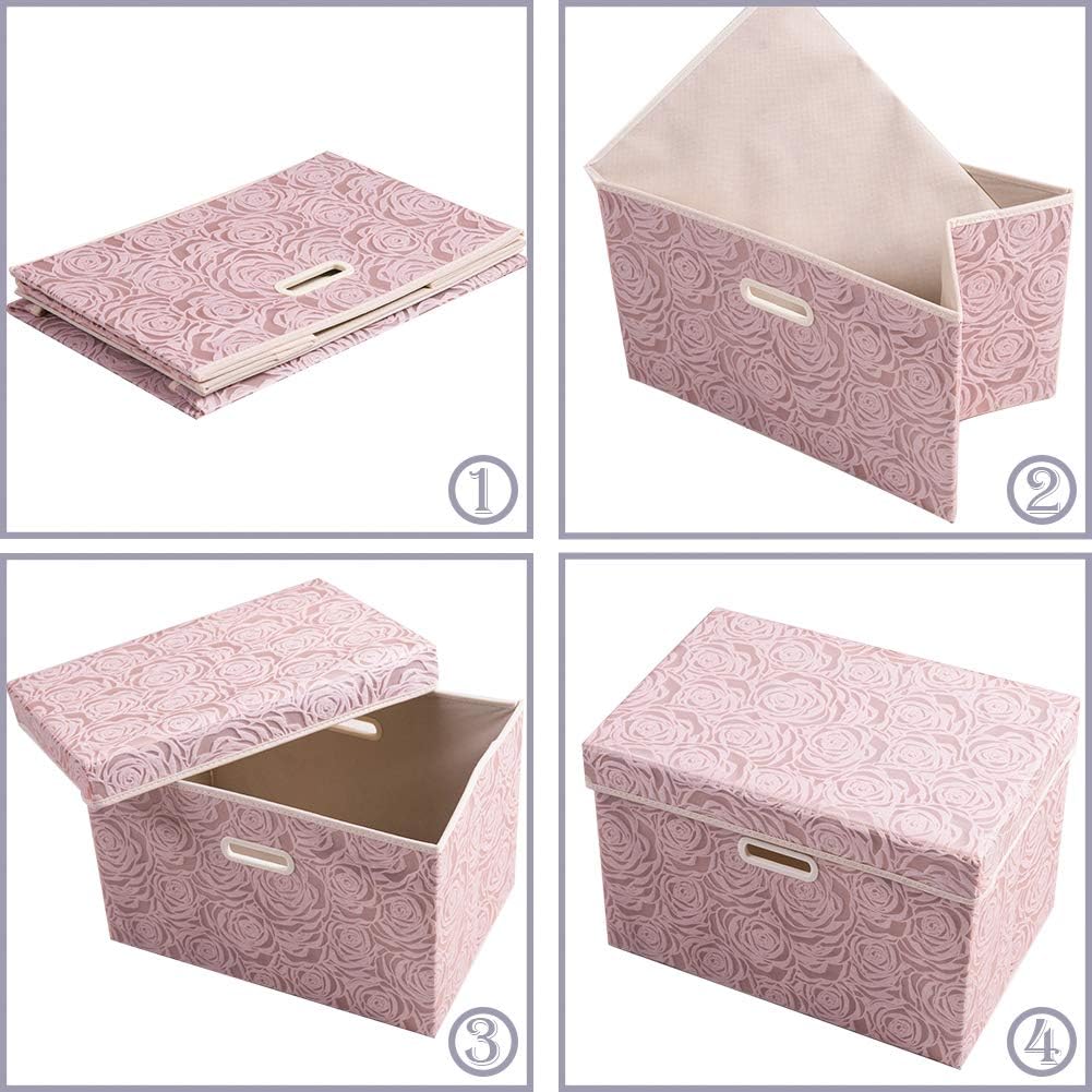 PRANDOM Larger Collapsible Storage Bin with Lid [1-Pack] Fabric Decorative Storage Box Cube Organizer Container Baskes with Handles Divider for Bedroom Closet Living Room Pink 17.7x11.8x11.8 Inch