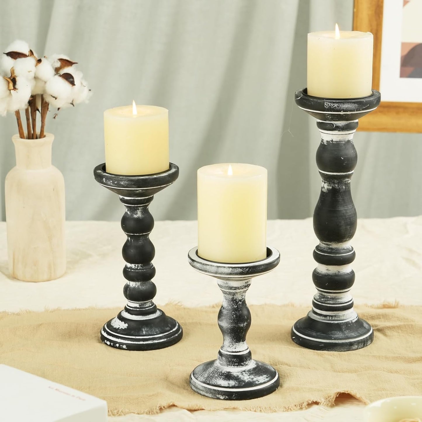 Wood Pillar Candle Holder: 3Pcs Rustic White Candle Holders for Pillar Candles Wood Candle Holders Distressed Wooden Farmhouse Candle Holder Large Rustic Candle Holder for Fireplace Table