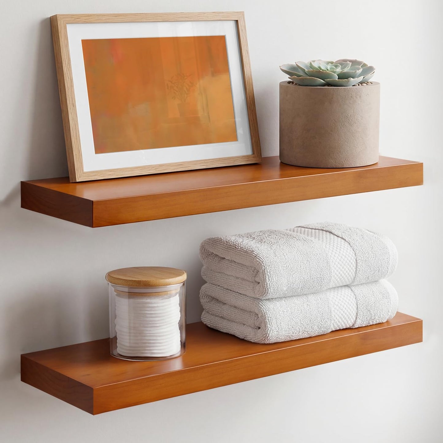 Homeforia 24 inch Natural Floating Shelf, High End Solid Real Wood 24inch Small Floating Shelves for Wall Mounted, Natural Wooden Floating Shelves, Heavy Duty Bracket, 24 X 6.5 X 1.75 in, Set of 2