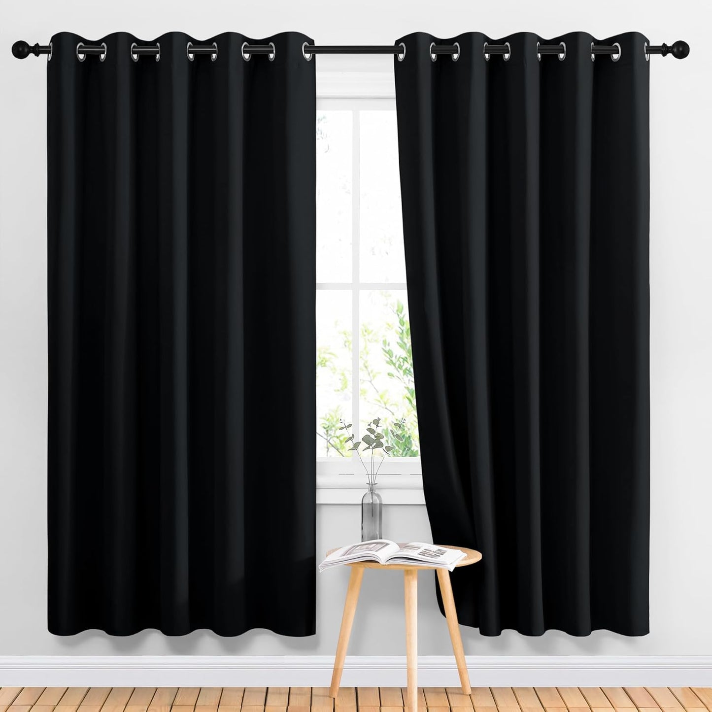 NICETOWN Halloween Pitch Black Solid Thermal Insulated Grommet Blackout Curtains/Drapes for Bedroom Window (2 Panels, 42 inches Wide by 63 inches Long, Black) - Colors E
