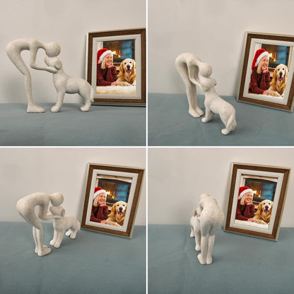 Abstract Resin Hand-Painted Sculpture of Person and Dog Bonding – Head-to-Head Intimate Figurine Decoration for Office、Living Room、Bedroom、Home， Memory Gifts for Pet Lovers (Sandstone)