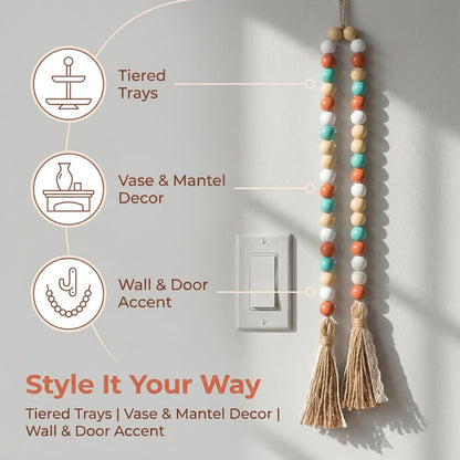 Wood Beads Garland with Tassels, 42.4in Farmhouse Rustic Style Colorful Wood Beads String, Large Antique Wooden Prayer, Boho Home Festival Decor Garland Rosary Rope