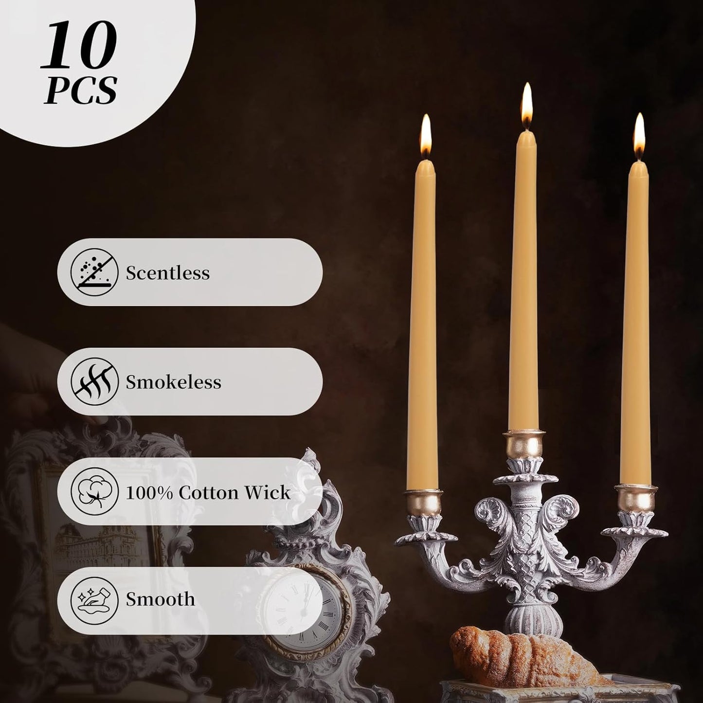 KONNI 0.87×10 Inch Ivory Taper Candles, Unscented and Smokeless Tall Candlesticks, 10 Pack Tapered Candles with Cotton Wicks, Long Burning, Ideal for Weddings, Dinner Parties, and Home Décor