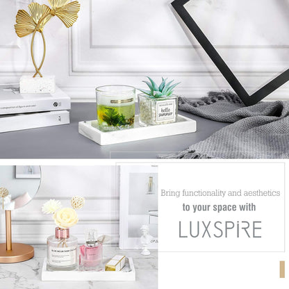 Luxspire Bathroom Vanity Tray, 8 x 4 inch Resin Kitchen Sink Tray for Soap Dispenser Bathroom Countertop Organizer Plate Holder for Perfume Soap Towel Bathroom Accessories, Mini, White Marble