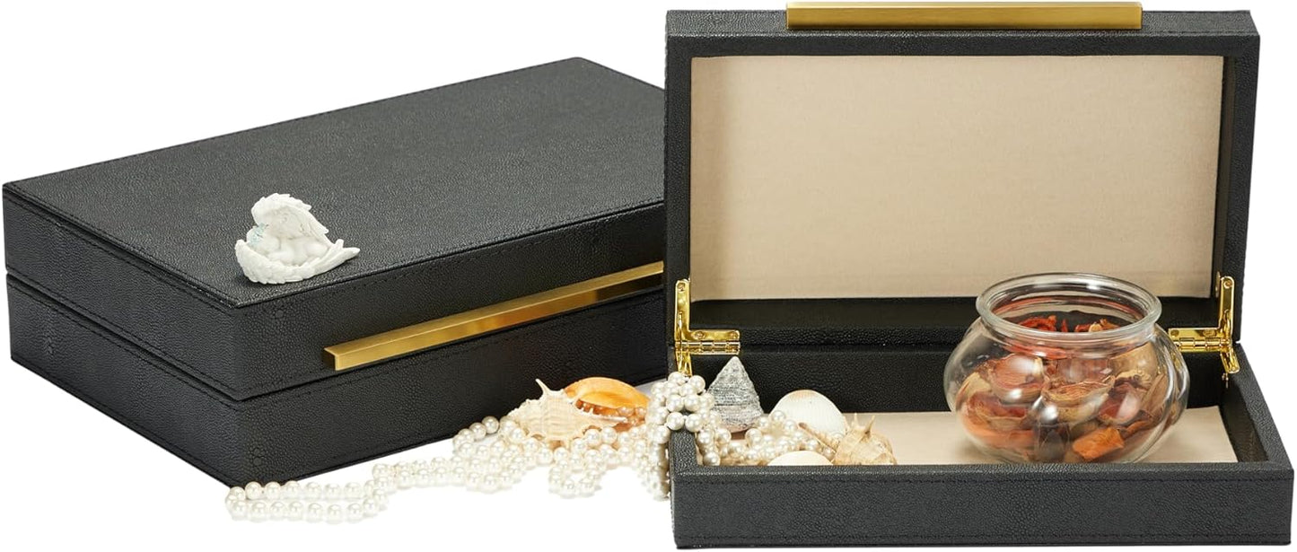 Sagala Set of 2 Ivory Shagreen Decorative Boxes With Brushed Gold Metal Handles, Faux Leather Jewelry Boxes Modern Storages Photo Memory Boxes Home Organizer Boxes (Ivory-Gold, 2pack)