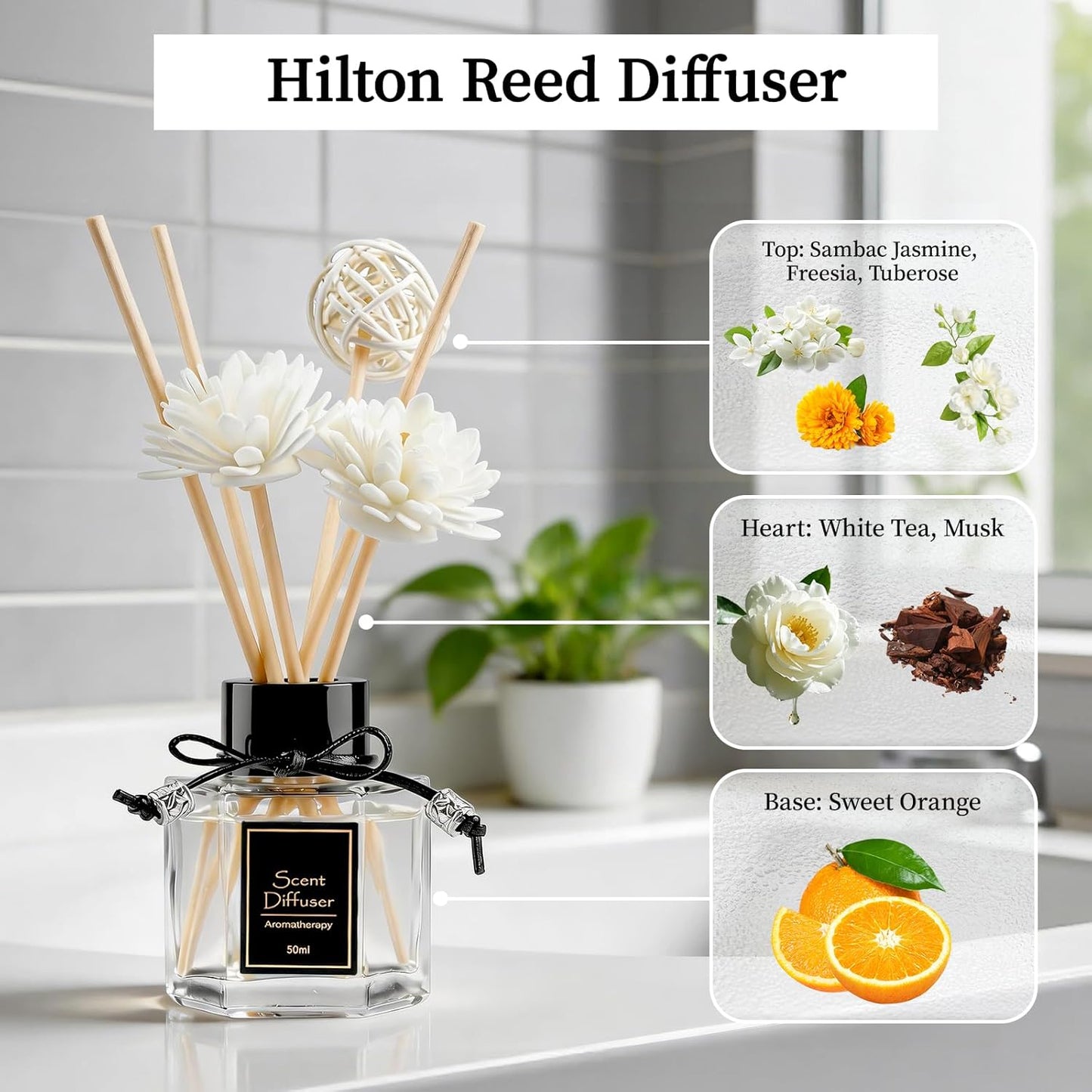 TonJin 2PCS Jasmine Reed Diffuser Set 1.7 fl oz with 6 Scent Sticks, Exotic Floral Home Fragrance, Natural Scented Oil Sticks for Bathroom, Living Room & Bedroom | Non-Toxic Air Freshener