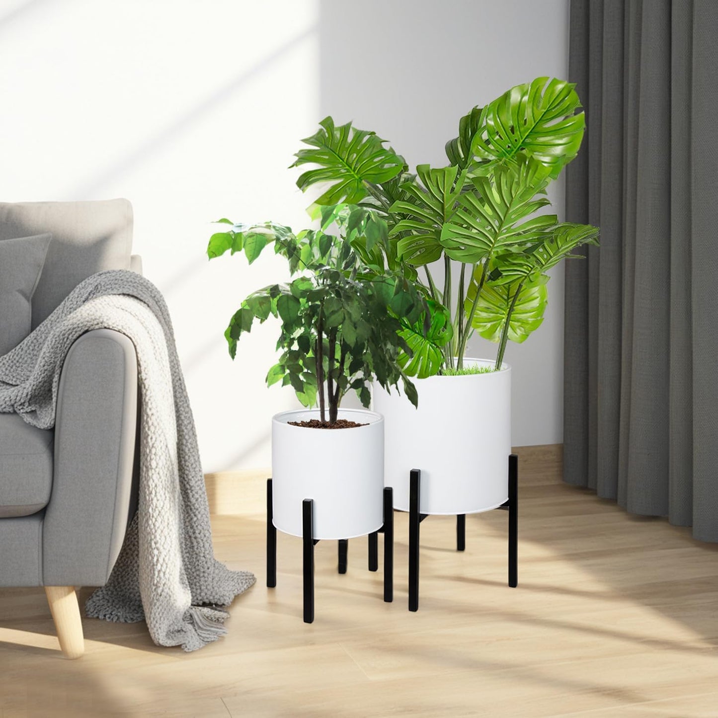 ARNIS Modern Plant Pots, Set of 2 Large Planters with Stand, Decorative Planters, Metal Pots with Drainage Holes for Living Room, Office, Garden or Balcony, 8.25 &10.5 Inch, Dirt