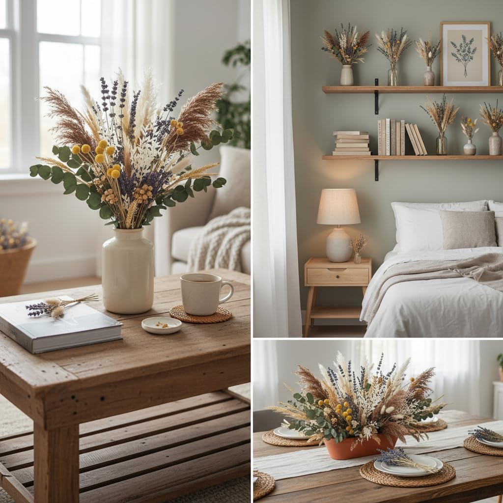 Set of 2 Wooden Vases with Pampas Grass and Eucalyptus – Boho Decor for Living Room, Modern Farmhouse Entryway or Bathroom, Rustic Art for Home Decoration