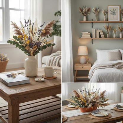 Set of 2 Wooden Vases with Pampas Grass and Eucalyptus – Boho Decor for Living Room, Modern Farmhouse Entryway or Bathroom, Rustic Art for Home Decoration