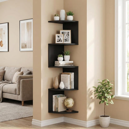 No-Drill Corner Shelf Wall Mount, 5-Tier Floating Corner Bookshelf with Hooks, Space-Saving Zigzag Plant Shelf for Bedroom, Living Room, Bathroom, Home Office