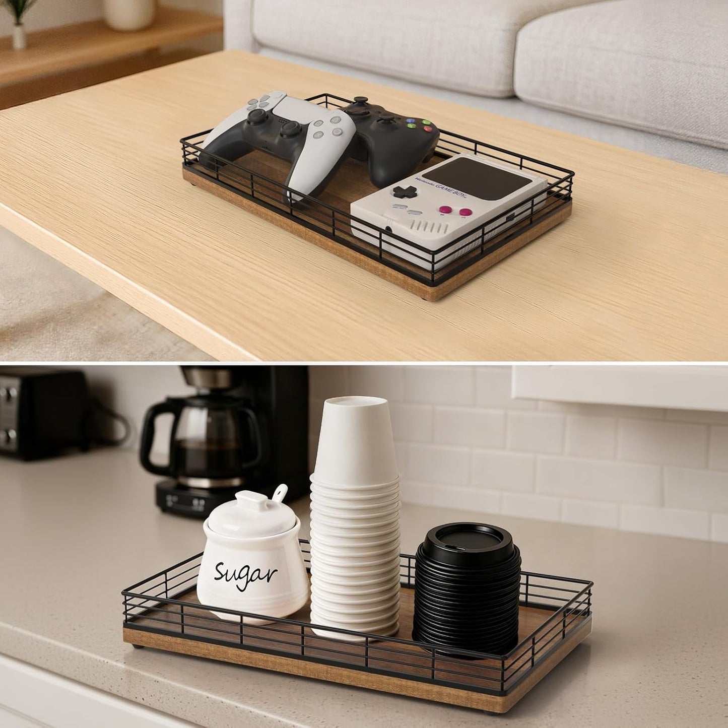 Bathroom Vanity Tray for Countertop, 12" x 6" Acacia Wood Toilet Tank Tray with Metal Guardrail, Bathroom Organizer for Soap, Perfume & Skincare, Non-Slip Decorative Tray for Dresser, Black & Acacia