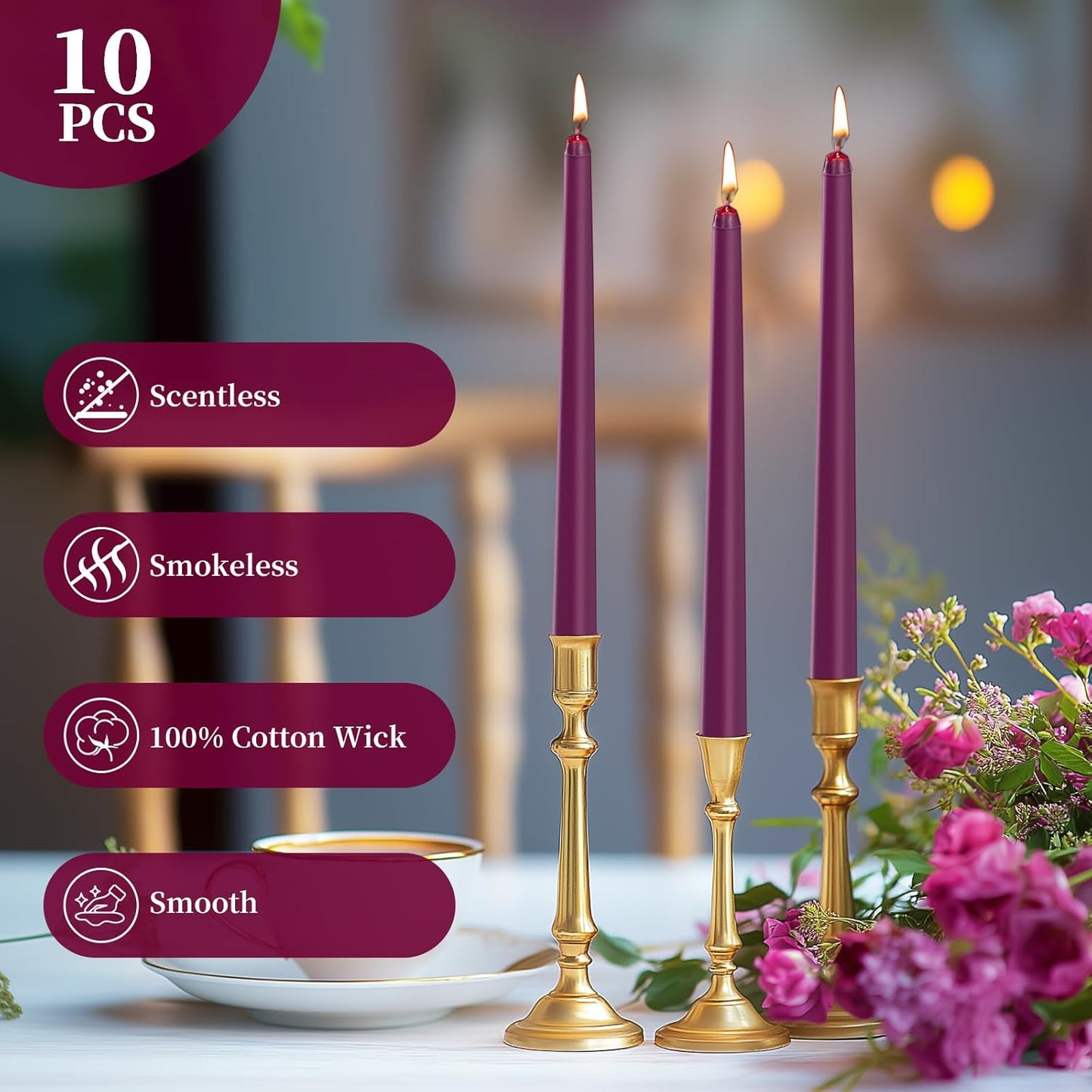 KONNI 0.87×10 Inch Ivory Taper Candles, Unscented and Smokeless Tall Candlesticks, 10 Pack Tapered Candles with Cotton Wicks, Long Burning, Ideal for Weddings, Dinner Parties, and Home Décor