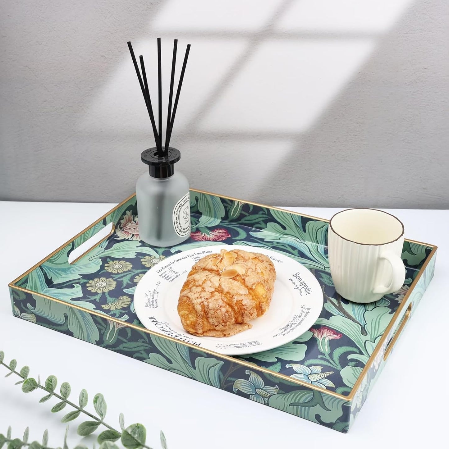 Spsyrine Serving Tray with Handles, Plastic Decorative Tray for Coffee Table, Living Room, Home Decor, Dianthus