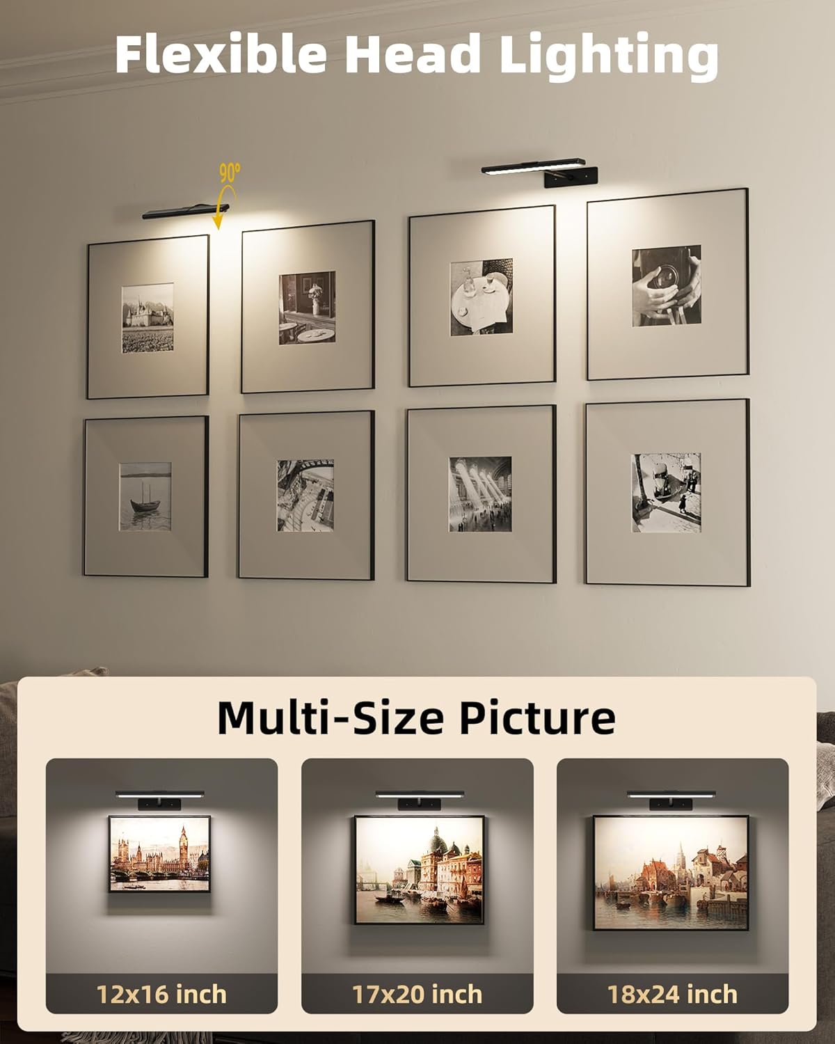 EZVALO Picture Light for Wall, 4800mAh Rechargeable Wireless Remote, 16in Dimmable Magnetic LED Art Display Light with 3 Color Temperatures, for Gallery, Living Room, Bedroom, Hallway (Gold)