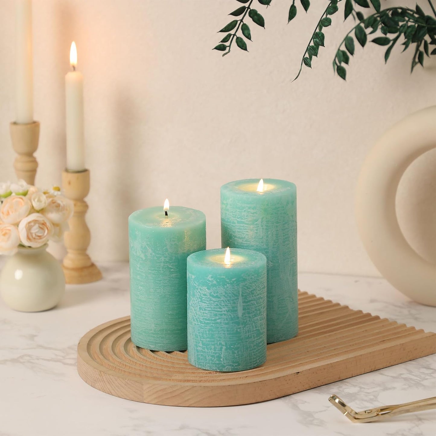 Sage Green Pillar Candles Set of 3 - Hand-Poured Unscented Candles,Smokeless Dripless Candles for Dinner Table and Home, Set of 3 in Different Sizes (3"x4", 3"x5", 3"x6")