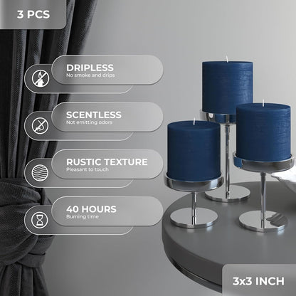 CANDWAX 3x4 inch Pillar Candles Set of 3 – Unscented Dripless Rustic Dark Blue Candles for Room Decor, Weddings, Centerpieces