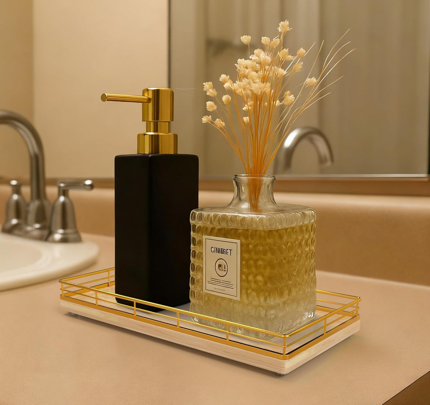 Bathroom Vanity Tray for Countertop, 12" x 6" Acacia Wood Toilet Tank Tray with Metal Guardrail, Bathroom Organizer for Soap, Perfume & Skincare, Non-Slip Decorative Tray for Dresser, Black & Acacia