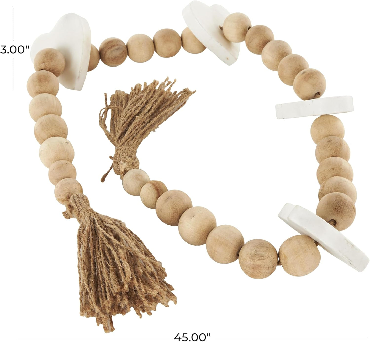 Deco 79 Marble Handmade Beaded Garland with Tassel Round Extra Long Orb Small Beads with Tassel with Knotted Brown Jute, Beads with Tassel 44" x 1" x 1", White