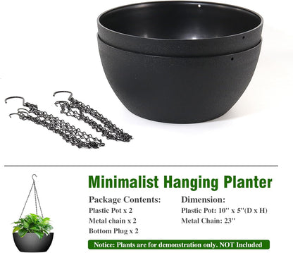 WSMKSZ 10 inch Hanging Planters for Outdoor Indoor Plants with Drainage Holes and Chain, 2 Pack Round Hanging Flower Pots for Garden Home Porch Decor, Black