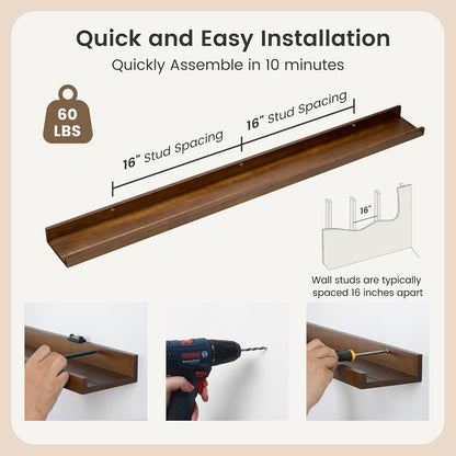 FLYJOE Picture Ledge Shelf, Floating Shelves Set of 2, Solid Pine Wood 55'' Long Large Nursery Book Shelves for Toys Storage, Kids Bookshelf for Living Room Bedroom Decor Books Photo Frames, Walnut