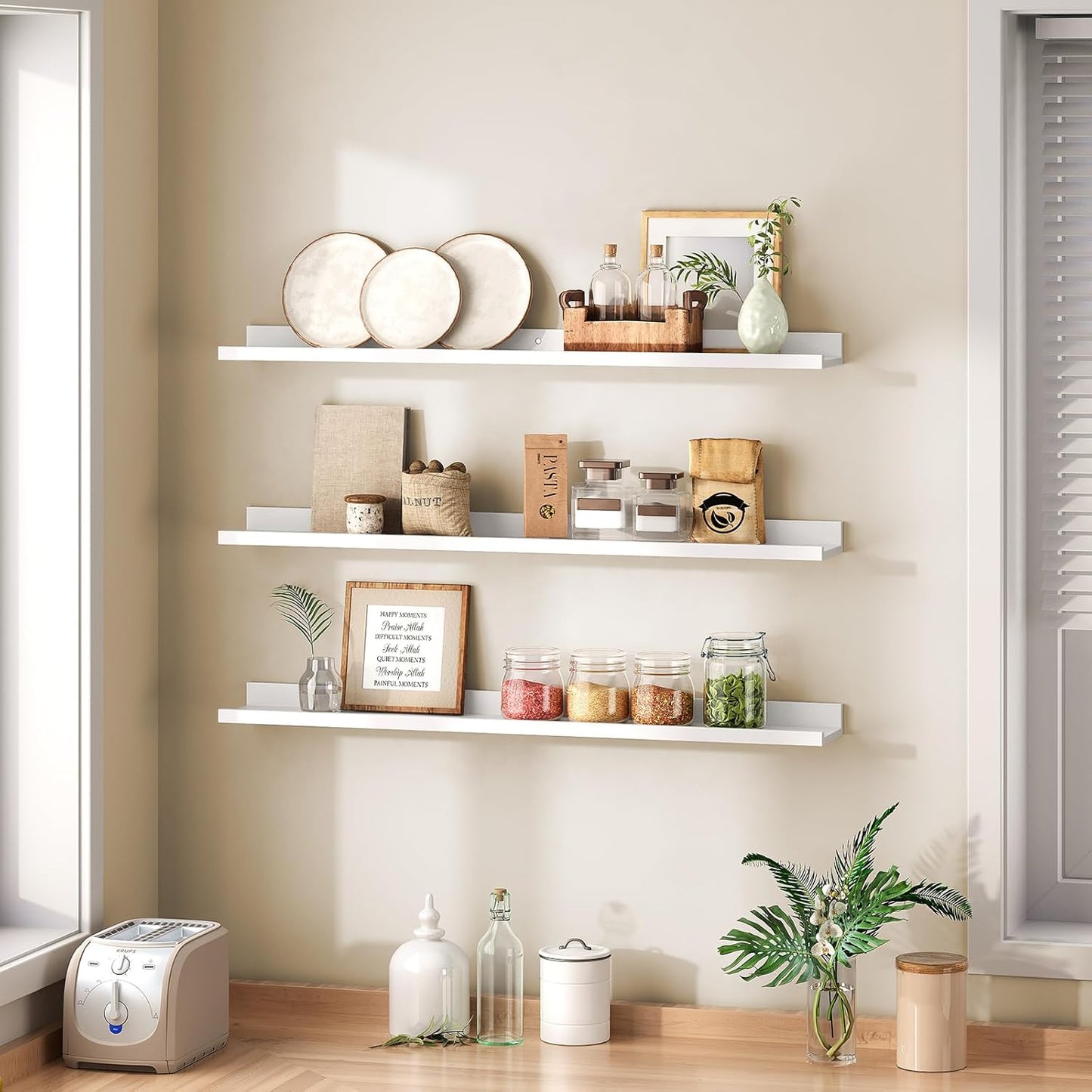 HOOBRO Floating Shelves, Wall Shelf Set of 3, 35.4 Inches Hanging Shelf with Raised Edge and Invisible Brackets, for Bathroom, Bedroom, Kitchen, Office, Living Room Decor, Rustic Brown BF90BJ01
