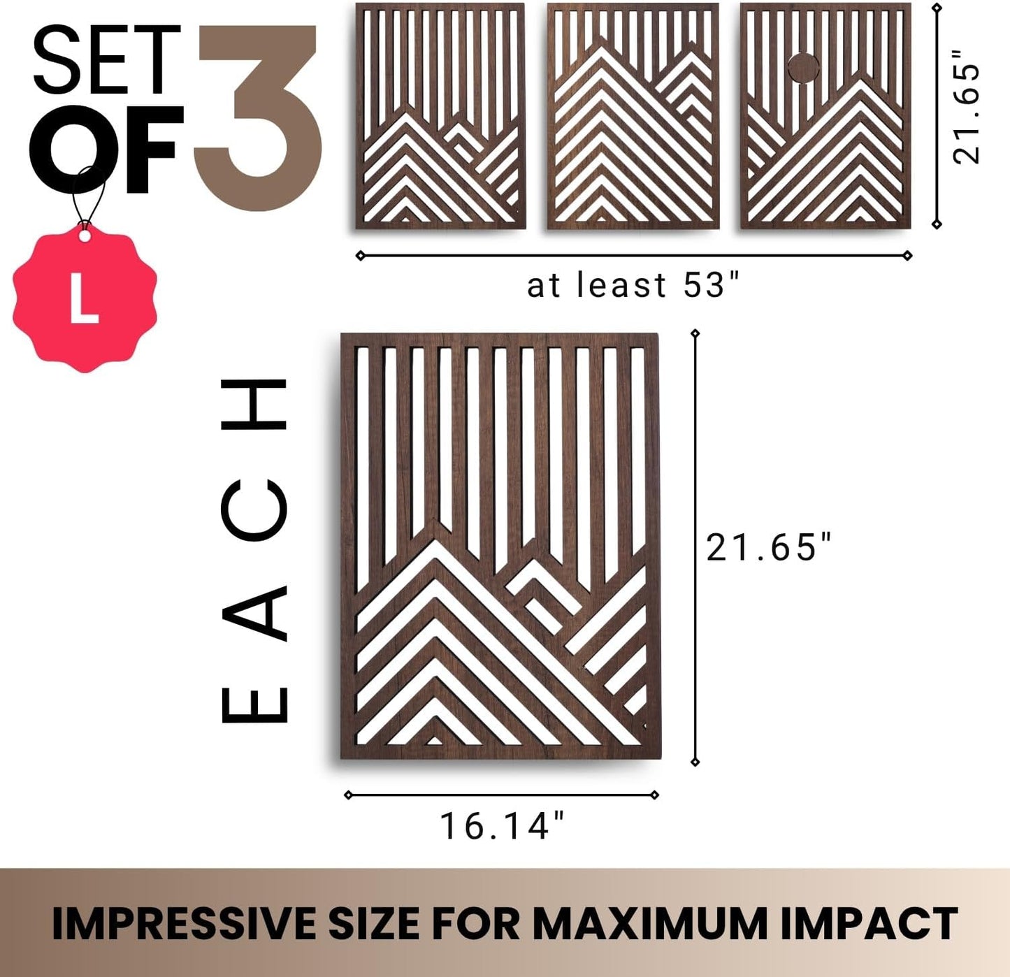qmmp Modern Wooden Wall Sculptures - Set of 3 - Home Decor Accent - Large Wall Art for Living Room, Bedroom, Office - Easy Installation (Oak, Medium - Mountain and Sun)