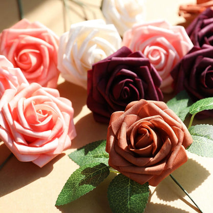 AmyHomie Artificial Flowers Dark Red Rose 25pcs Real Looking Fake Roses w/Stem for DIY Wedding Bouquets Centerpieces Arrangements Party Baby Shower Mothers Day Christmas Tree Decorations